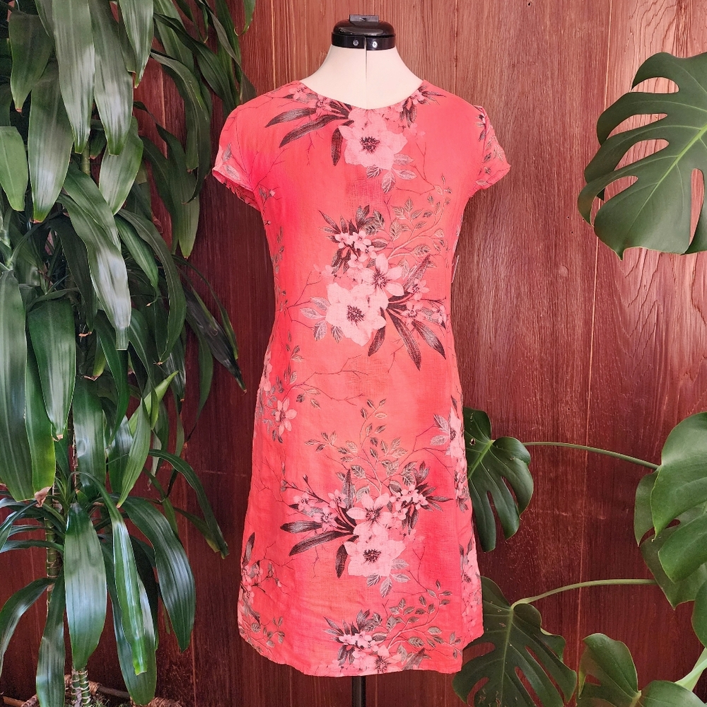 NWT Angela Mara Peach Linen Floral  Short Sleeve Linen Dress Mini Small